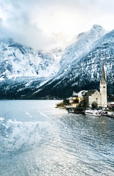 Viewpoint Hallstatt Old Town City Snow Mountains Lake Reflection Water — Stock Photo, Image