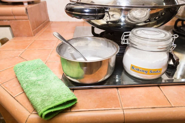 Bakpulver Eller Bikarbonat Effektivt Säkra Rengöringsmedel Hushållens Kök — Stockfoto