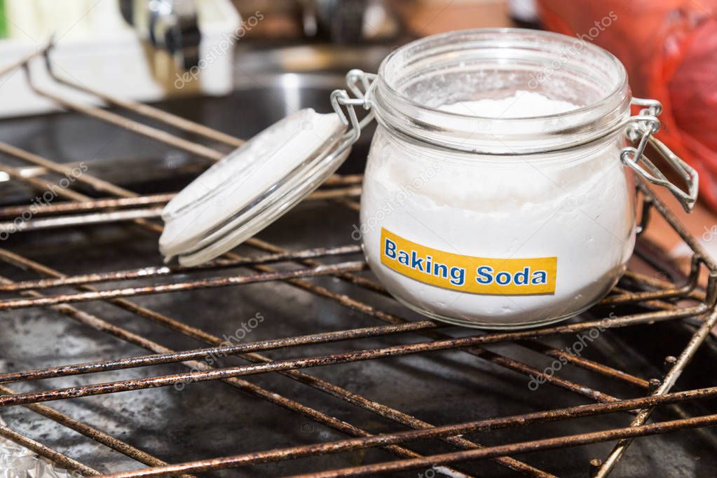 Baking soda or sodium bicarbonate are effective safe cleaning agent in household kitchen such as oily oven and utensils