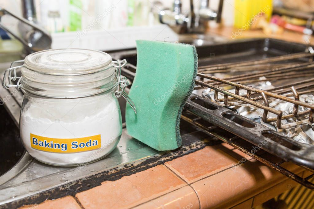 Baking soda or sodium bicarbonate are effective safe cleaning agent in household kitchen such as oily oven and utensils