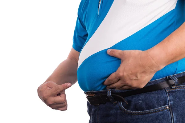 Homem Apontando Própria Barriga Grande Insalubre Com Gorduras Viscerais Subcutâneas — Fotografia de Stock