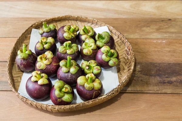 Frutas Mangostão Orgânico Recém Colhidas Colocadas Bandeja — Fotografia de Stock