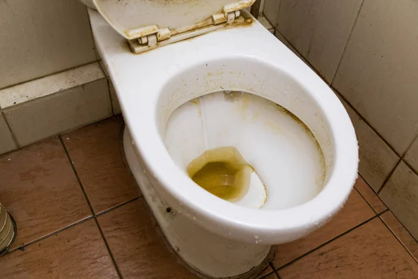 Schmutzige Unhygienische Toilettenschüssel Mit Kalkfleck Auf Der Öffentlichen Toilette — Stockfoto