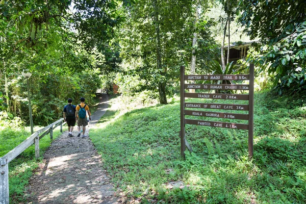 Group of people walking through tropical forest on board path trail to Niah Caves at Niah National Park, Sarawak, Malaysia.