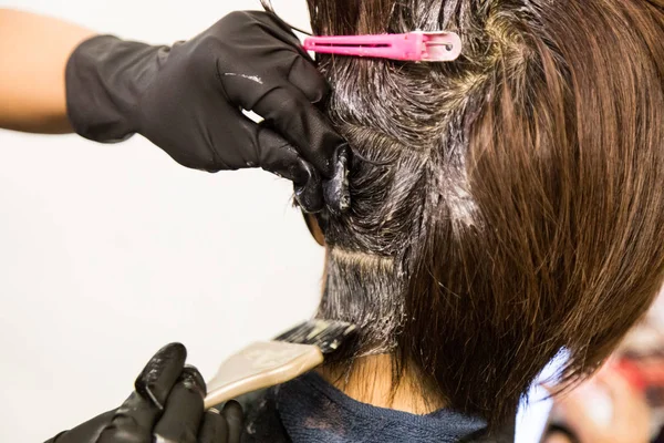 サロンでお客様の髪に化学染料を適用するアリスヘア ドレッサーのクローズ アップ — ストック写真