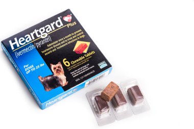 KUALA LUMPUR, MALAYSIA, October 12, 2018: Heartgard is preventive heartworms chewables for dogs marketed by Boehringer Ingelheim. Needs prescription by vetenary doctors. clipart