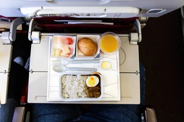 Overhead View Basic Inflight Meal Economy Class Consisting Rice Egg — Stock Photo, Image