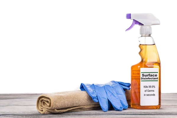 Spray Desinfectante Superficie Con Guantes Tela Herramientas Para Desinfección Instantánea — Foto de Stock