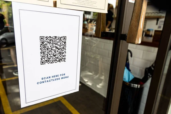 Код Бесконтактное Меню Отображается Двери Ресторана Новой Нормой Dummy Code — стоковое фото
