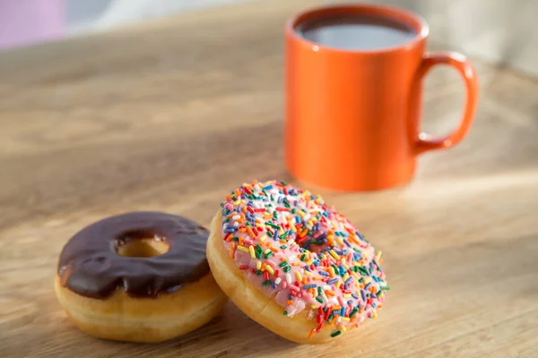 Donuts Com Xícara Chocolate Quente — Fotografia de Stock