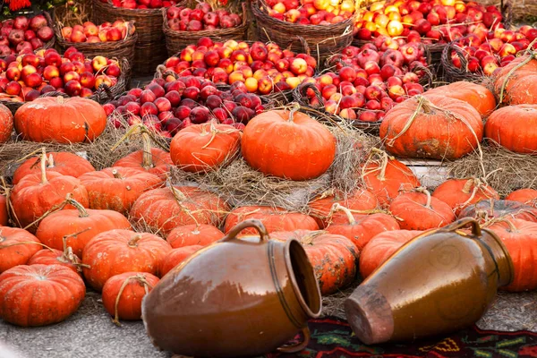 Abóboras Laranja Maçãs Mercado Agricultores Livre Mancha Abóbora — Fotografia de Stock