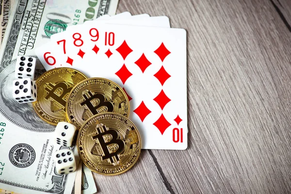Bitcoins Cards Dices Wooden Background Cryptocurrencie Gambling Concept Stock Picture
