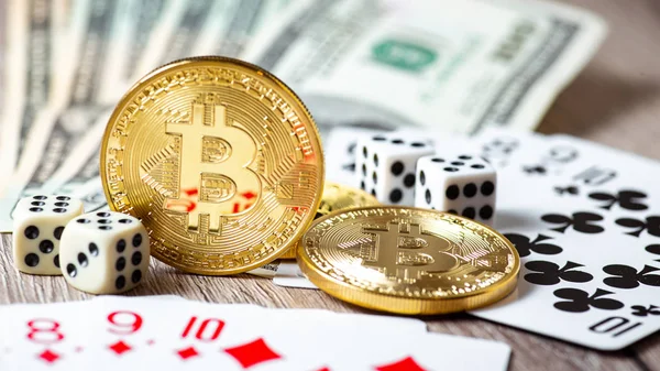 Bitcoins Cards Dices Wooden Background Cryptocurrencie Gambling Concept Stock Image