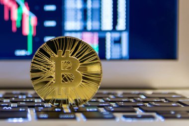  grafik azalan ile Notebook klavye üzerinde altın bitcoin