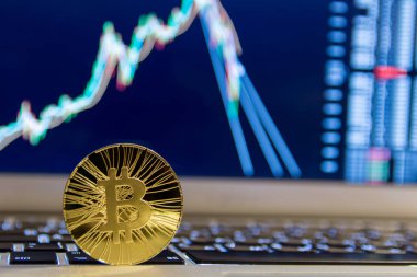  grafik azalan ile Notebook klavye üzerinde altın bitcoin