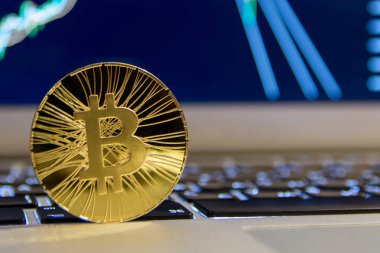  grafik azalan ile Notebook klavye üzerinde altın bitcoin