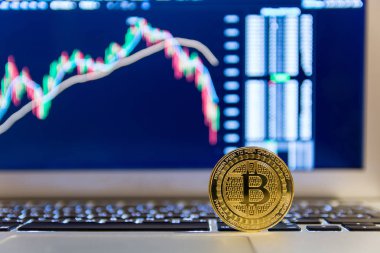 grafik azalan ile Notebook klavye üzerinde altın bitcoin