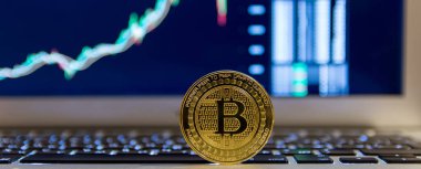  grafik azalan ile Notebook klavye üzerinde altın bitcoin