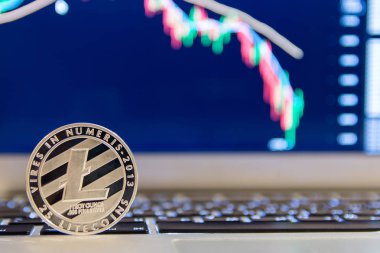 Grafik azalan ile defter keydoard üzerinde gümüş Litecoin