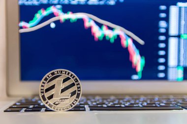 Grafik azalan ile defter keydoard üzerinde gümüş Litecoin