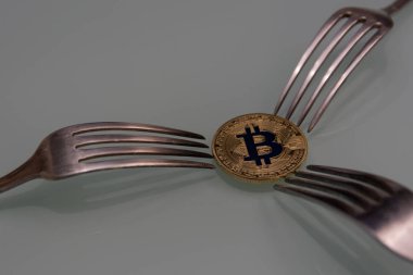  Gümüş çatal ile altın bitcoin