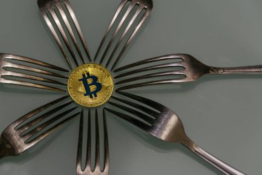  Gümüş çatal ile altın bitcoin