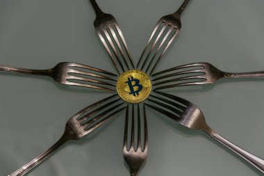  Gümüş çatal ile altın bitcoin