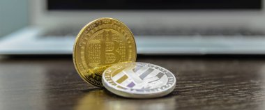 Altın bitcoin ve defter ile tabloda gümüş litecoin