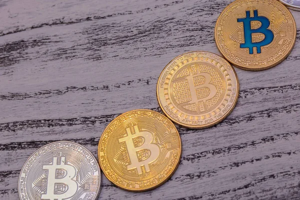 Golden Bitcoin Litecoin Old Wooden Table — Stock Photo, Image