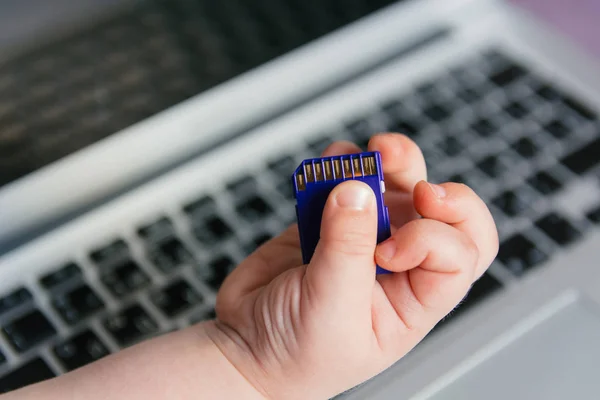 cropped image of kid holding memory card