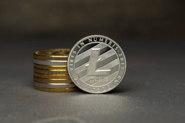 Gümüş Litecoin stand yanında sikke yığını