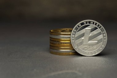 Gümüş Litecoin stand yanında sikke yığını