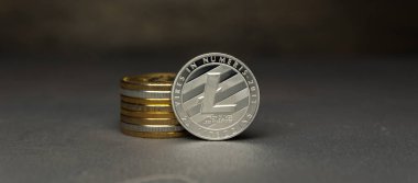 Gümüş Litecoin stand yanında sikke yığını