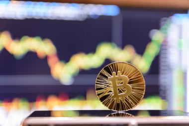 Altın bitcoin ve grafik monitör