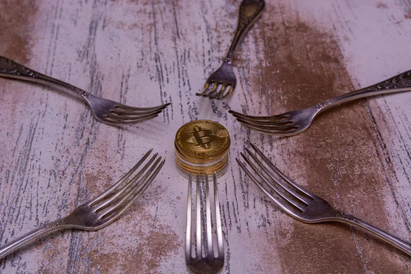Bitcoin Crypto Currency Silver Forks — Stock Photo, Image