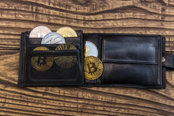 Bitcoins Litecoin Ethereum Black Leather Wallet Wooden Background — Stock Photo, Image
