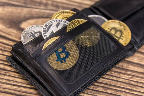 Golden Bitcoin Other Crypto Currency Black Leather Wallet — Stock Photo, Image