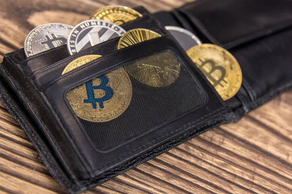 Golden Bitcoin Other Crypto Currency Black Leather Wallet — Stock Photo, Image