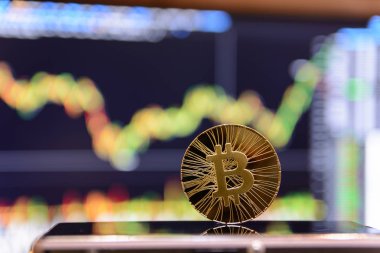 Altın bitcoin ve grafik monitör