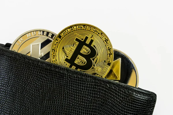 Litecoin Bitcoin Ethereum Lie Black Leather Wallet — Stock Photo, Image