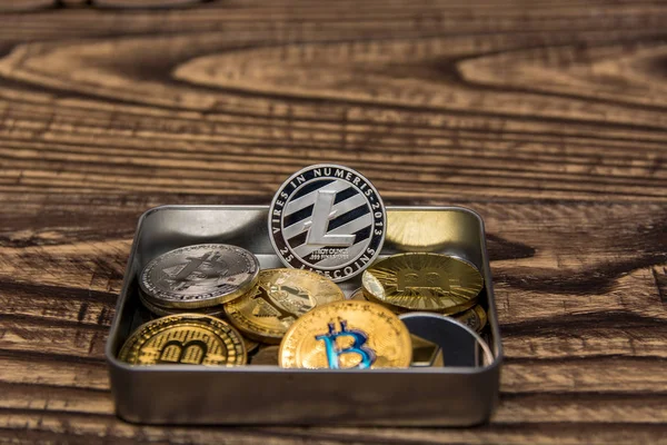 Golden Bitcoins Litecoin Lie Matal Box Wooden Background — Stock Photo, Image