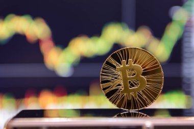 Altın bitcoin ve grafik monitör