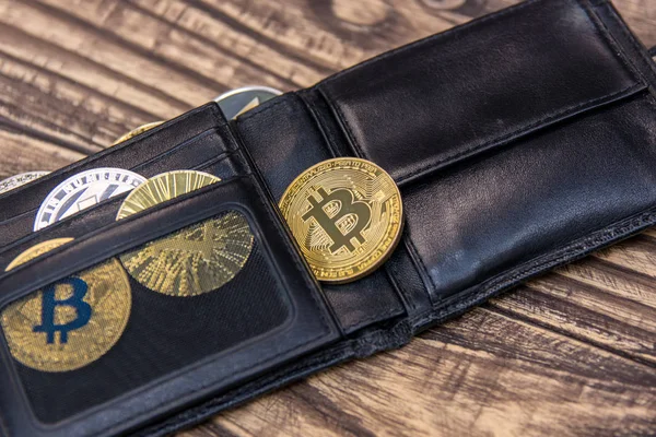 Bitcoins Litecoin Ethereum Black Leather Wallet Old Wooden Table — Stock Photo, Image