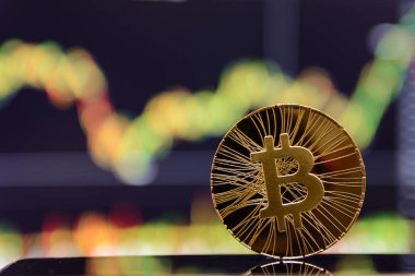 Altın bitcoin ve grafik monitör