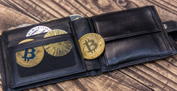 Bitcoins Litecoin Ethereum Black Leather Wallet Old Wooden Table — Stock Photo, Image