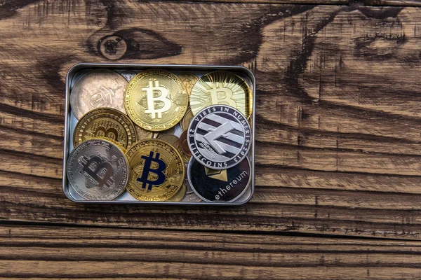 Bitcoins Litecoin Ethereum Lies Metal Box Old Wooden Table — Stock Photo, Image