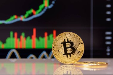 Altın bitcoin ve grafik monitör