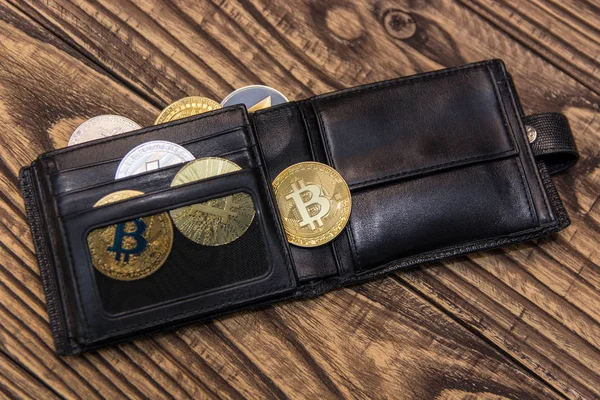 Bitcoins Litecoin Ethereum Black Leather Wallet Old Wooden Table — Stock Photo, Image