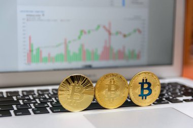 Altın bitcoins klavye ve grafik arka plan üzerinde durmak