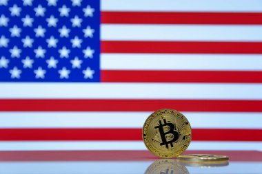  Altın bitcoin devlet bayrağı bulanık bir arka plan üzerinde duruyor